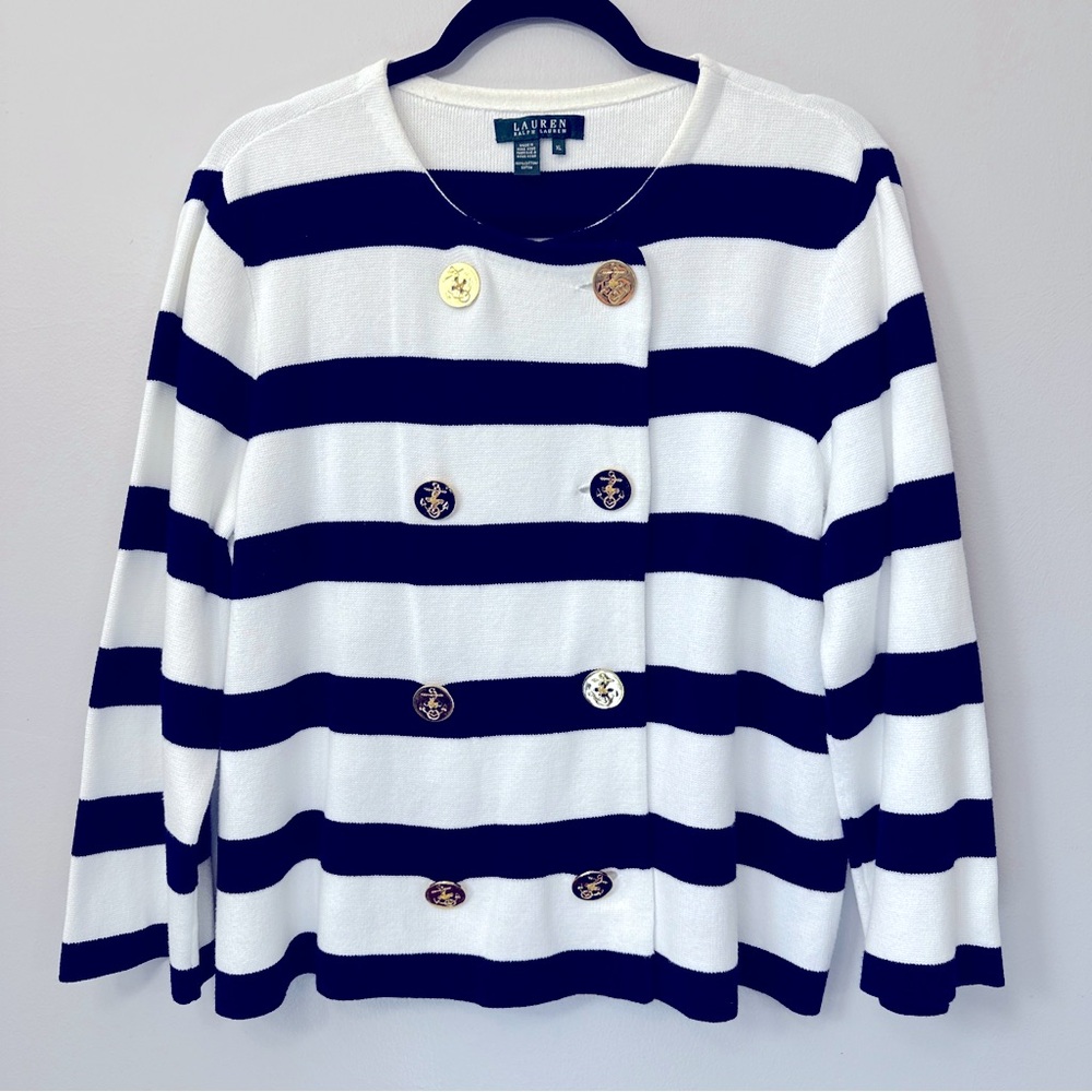 Lauren Ralph Lauren Cardigan Sz XL Blue White Double Breasted Gold Metal Buttons